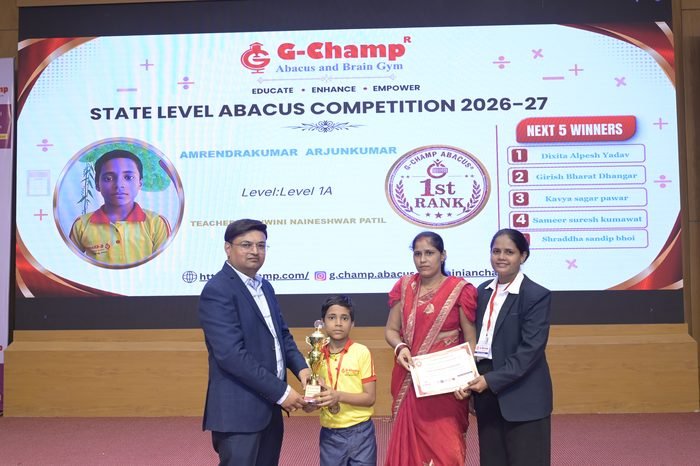 Amrendrakumar  Arjunkumar — 1st Rank, Level 1A, at the G-Champ State Level Abacus Competition 2026