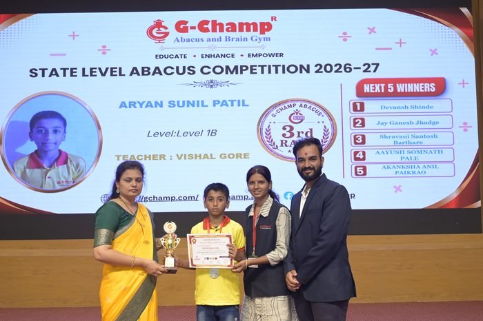 Aryan Sunil Patil — 3rd Rank, Level 1B, at the G-Champ State Level Abacus Competition 2026