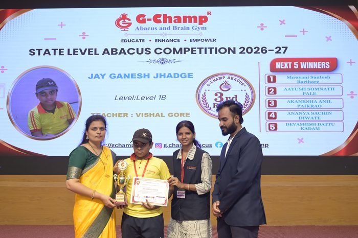 Jay Ganesh Jhadge — 3rd Rank, Level 1B, at the G-Champ State Level Abacus Competition 2026