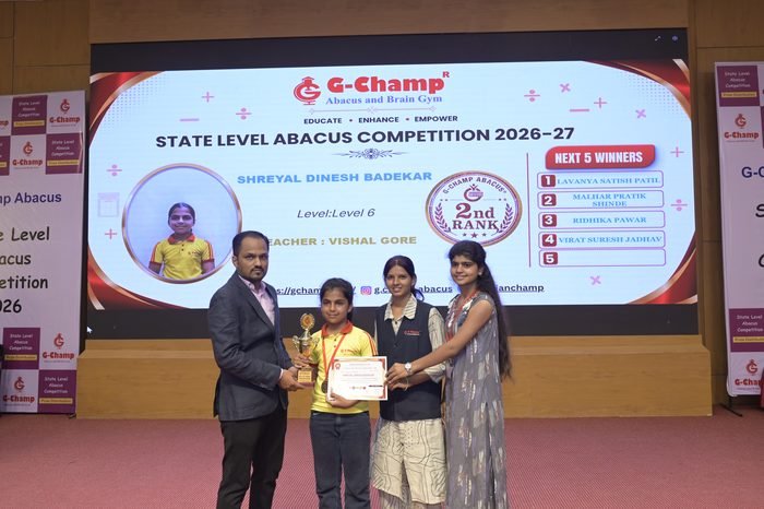 Shreyal Dinesh Badekar — 2nd Rank, Level 6, at the G-Champ State Level Abacus Competition 2026