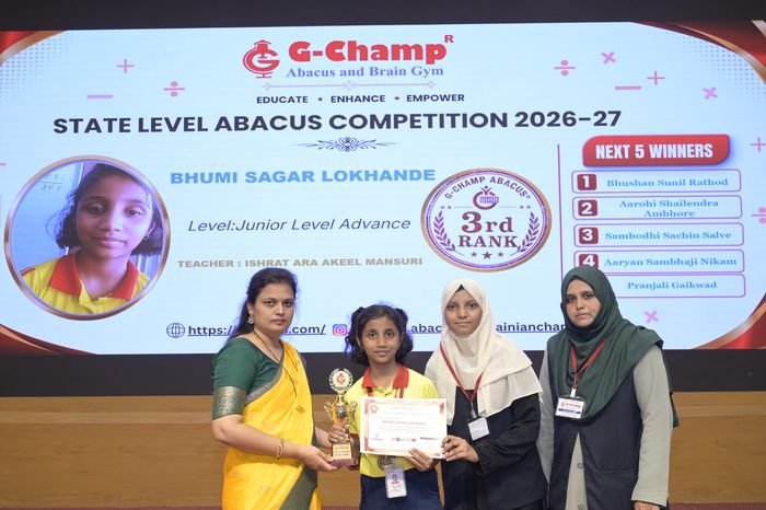 Bhumi Sagar Lokhande — 3rd Rank, Junior Level Advance, at the G-Champ State Level Abacus Competition 2026