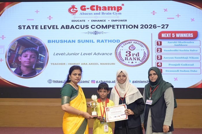 Bhushan Sunil Rathod — 3rd Rank, Junior Level Advance, at the G-Champ State Level Abacus Competition 2026