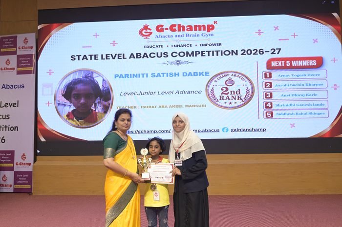 Pariniti Satish Dabke — 2nd Rank, Junior Level Advance, at the G-Champ State Level Abacus Competition 2026