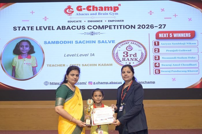 Sambodhi Sachin Salve — 3rd Rank, Level 1A, at the G-Champ State Level Abacus Competition 2026