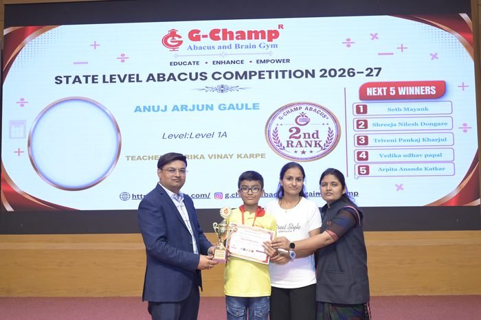 Anuj Arjun Gaule — 2nd Rank, Level 1A, at the G-Champ State Level Abacus Competition 2026