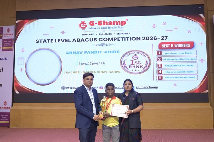 Arnav pandit Ahire — 1st Rank, Level 1A, at the G-Champ State Level Abacus Competition 2026