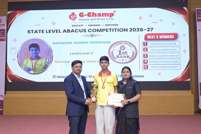 Saksham Sandip Dheringe — 1st Rank, Level 2, at the G-Champ State Level Abacus Competition 2026