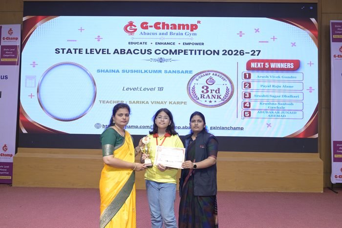Shaina Sushilkumr Sansare — 3rd Rank, Level 1B, at the G-Champ State Level Abacus Competition 2026