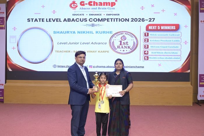 Shaurya nikhil kurhe — 1st Rank, Junior Level Advance, at the G-Champ State Level Abacus Competition 2026