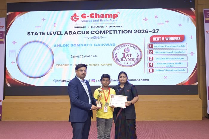Shlok somnath Gaikwad — 1st Rank, Level 1A, at the G-Champ State Level Abacus Competition 2026