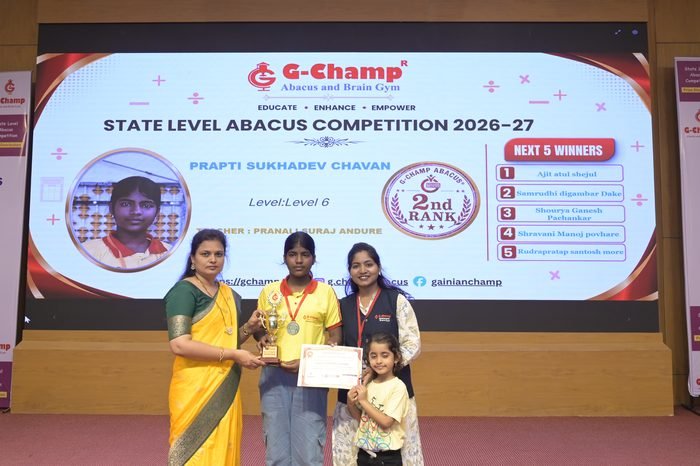 Prapti sukhadev chavan — 2nd Rank, Level 6, at the G-Champ State Level Abacus Competition 2026