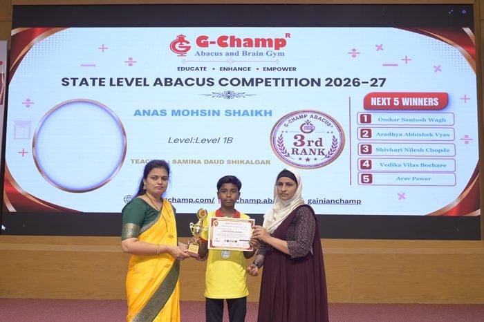 Anas Mohsin Shaikh — 3rd Rank, Level 1B, at the G-Champ State Level Abacus Competition 2026