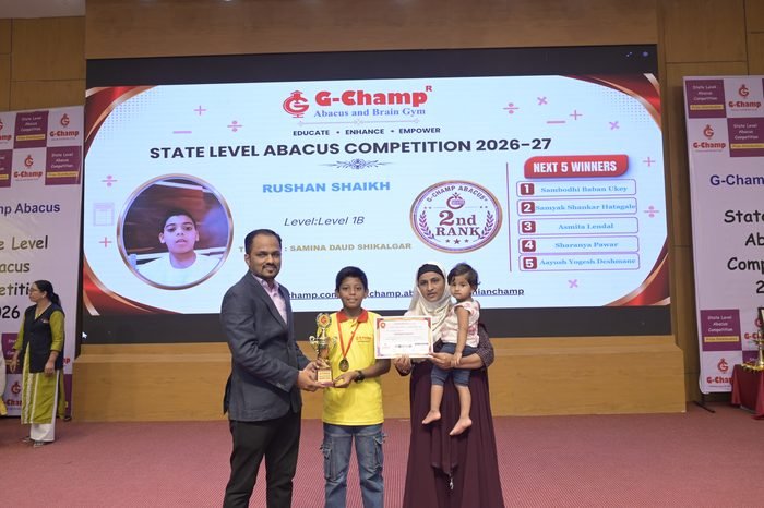 Rushan Shaikh — 2nd Rank, Level 1B, at the G-Champ State Level Abacus Competition 2026