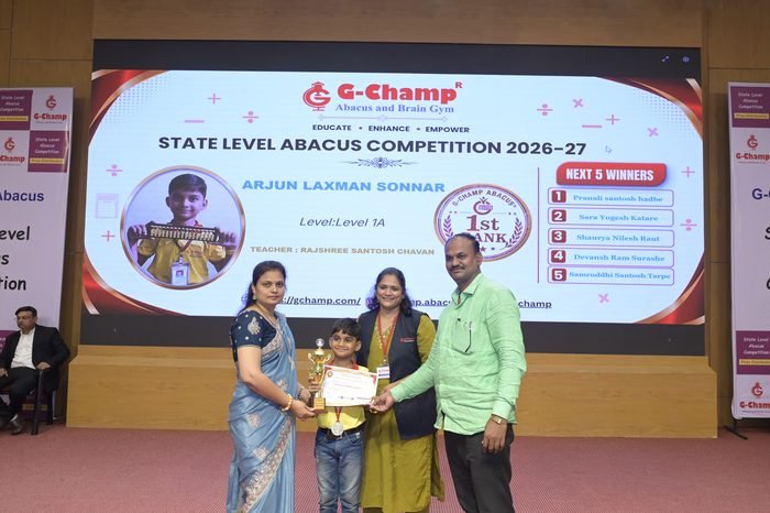 Arjun laxman sonnar — 1st Rank, Level 1A, at the G-Champ State Level Abacus Competition 2026