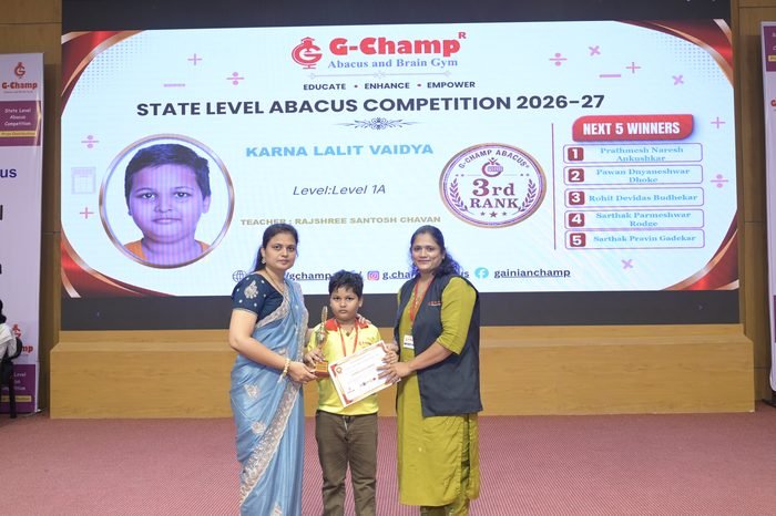 Karna lalit vaidya — 3rd Rank, Level 1A, at the G-Champ State Level Abacus Competition 2026