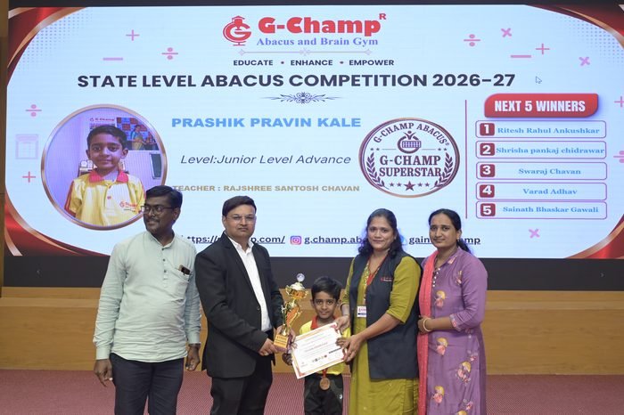 Prashik pravin kale — 1st Rank, Level 1A, at the G-Champ State Level Abacus Competition 2026