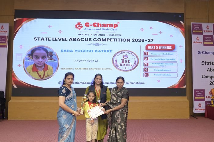 Sara Yogesh Katare — 1st Rank, Level 1A, at the G-Champ State Level Abacus Competition 2026