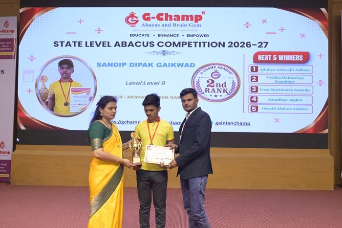 Sandip Dipak Gaikwad — 2nd Rank, Level 8, at the G-Champ State Level Abacus Competition 2026