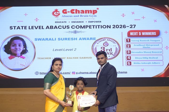 Swarali Suresh Aware — 3rd Rank, Level 2, at the G-Champ State Level Abacus Competition 2026