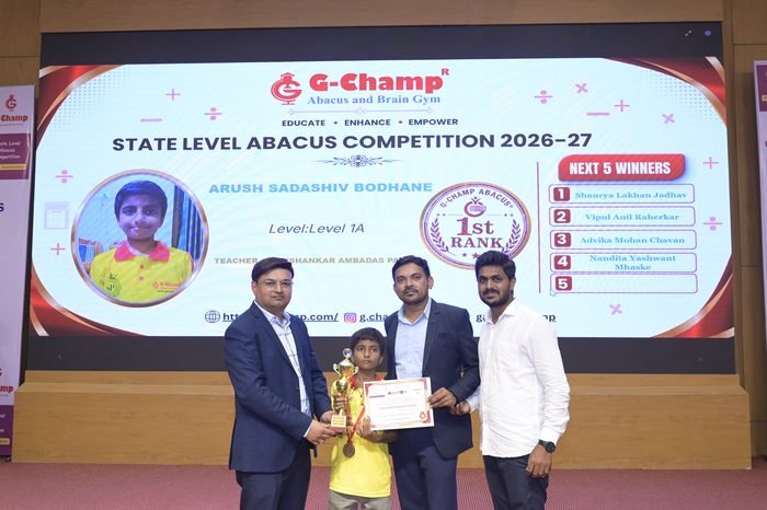 Arush Sadashiv Bodhane — 1st Rank, Level 1A, at the G-Champ State Level Abacus Competition 2026