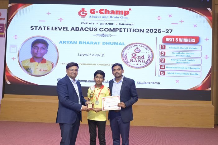 Aryan Bharat Dhumal — 2nd Rank, Level 2, at the G-Champ State Level Abacus Competition 2026
