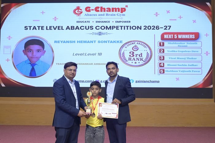 Reyansh Hemant Sontakke — 3rd Rank, Level 1B, at the G-Champ State Level Abacus Competition 2026