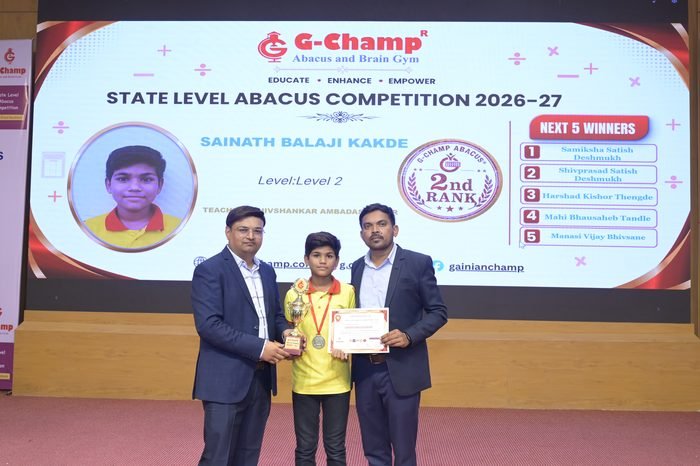 Sainath Balaji Kakde — 2nd Rank, Level 2, at the G-Champ State Level Abacus Competition 2026