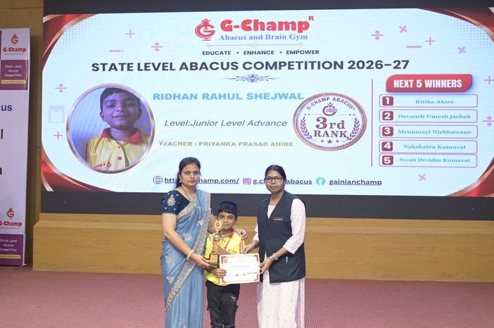 Ridhan Rahul shejwal — 3rd Rank, Junior Level Advance, at the G-Champ State Level Abacus Competition 2026