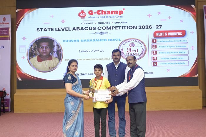 Ishwar Nanasaheb Bokil — 3rd Rank, Level 1A, at the G-Champ State Level Abacus Competition 2026