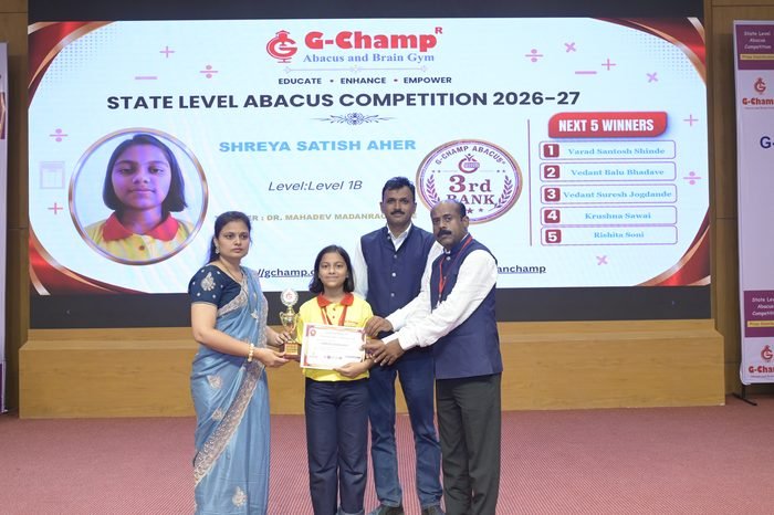 Shreya Satish Aher — 3rd Rank, Level 1B, at the G-Champ State Level Abacus Competition 2026