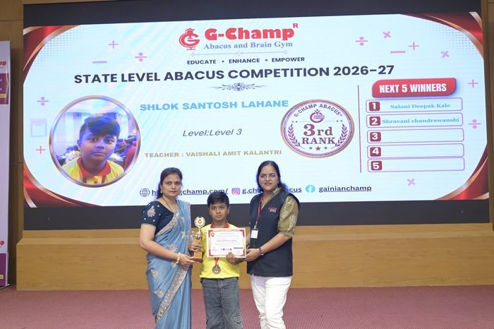 Shlok Santosh Lahane — 3rd Rank, Level 3, at the G-Champ State Level Abacus Competition 2026