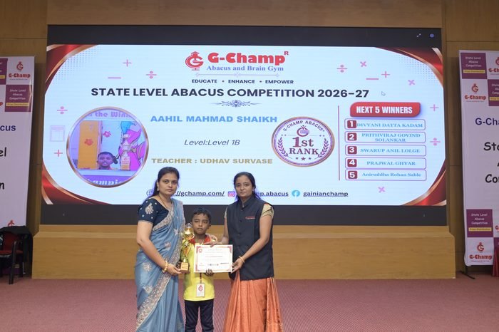 AAHIL MAHMAD SHAIKH — 1st Rank, Level 1B, at the G-Champ State Level Abacus Competition 2026