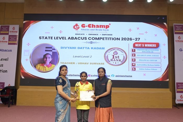 DIVYANI DATTA KADAM — 1st Rank, Level 2, at the G-Champ State Level Abacus Competition 2026