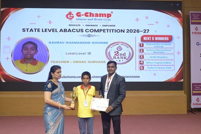GAURAV DHAMANAND GHUMRE — 2nd Rank, Level 1B, at the G-Champ State Level Abacus Competition 2026