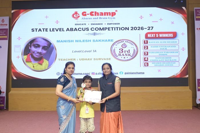 MANISH NILESH SAKHARE — 3rd Rank, Level 1A, at the G-Champ State Level Abacus Competition 2026