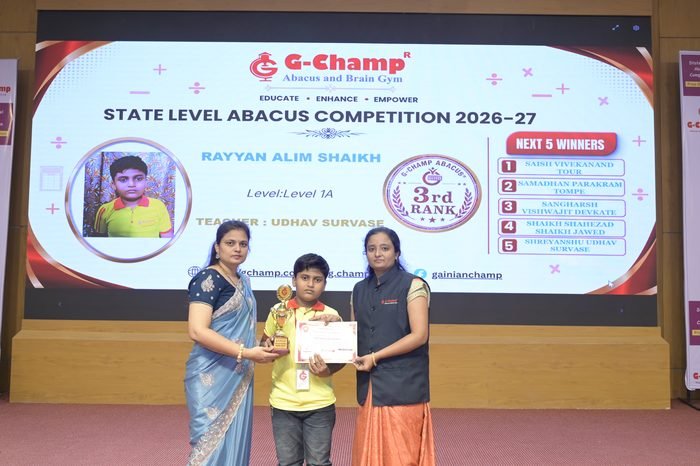 RAYYAN ALIM SHAIKH — 3rd Rank, Level 1A, at the G-Champ State Level Abacus Competition 2026