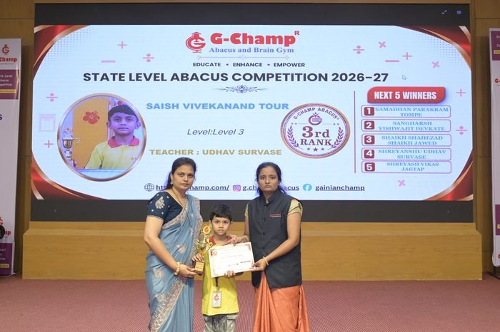 SAISH VIVEKANAND TOUR — 3rd Rank, Level 3, at the G-Champ State Level Abacus Competition 2026