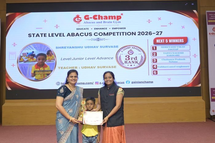 SHREYANSHU UDHAV SURVASE — 3rd Rank, Junior Level Advance, at the G-Champ State Level Abacus Competition 2026