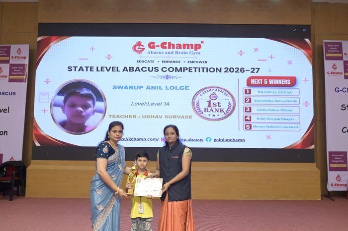 SWARUP ANIL LOLGE — 1st Rank, Level 1A, at the G-Champ State Level Abacus Competition 2026