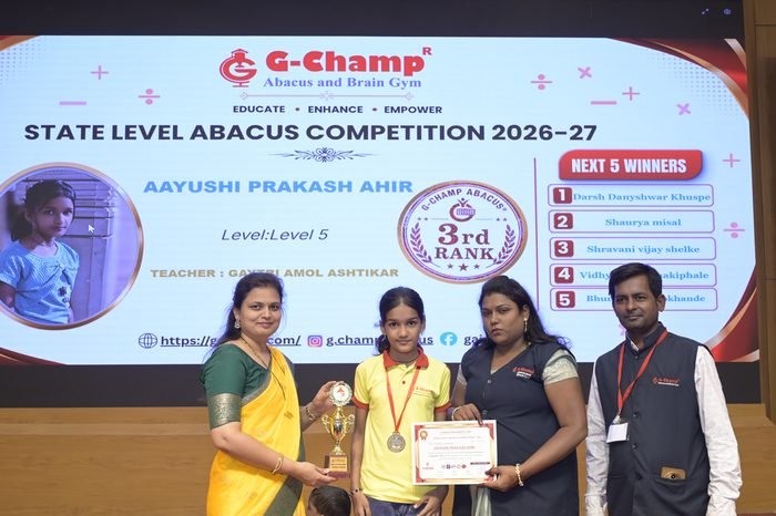Aayushi Prakash Ahir — 3rd Rank, Level 5, at the G-Champ State Level Abacus Competition 2026