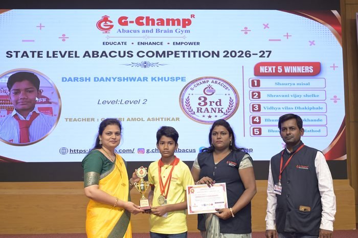 Darsh Dnynshwar Khuspe — 3rd Rank, Level 2, at the G-Champ State Level Abacus Competition 2026