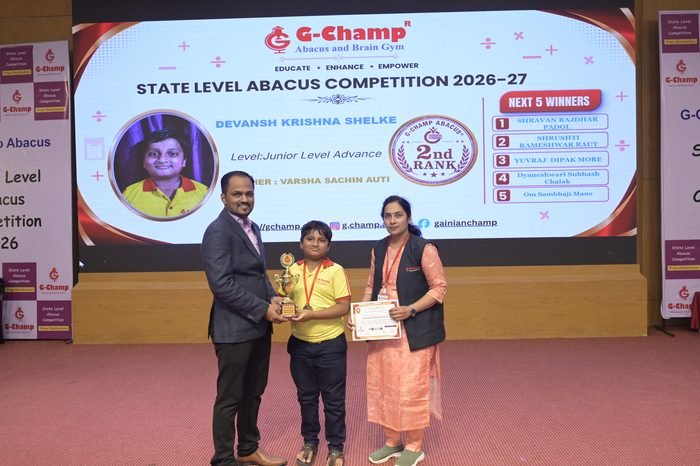 DEVANSH KRISHNA SHELKE — 2nd Rank, Junior Level Advance, at the G-Champ State Level Abacus Competition 2026