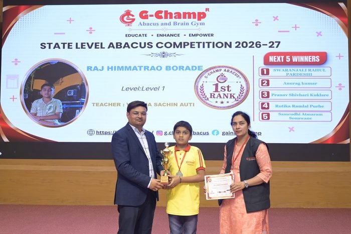 RAJ HIMMATRAO BORADE — 1st Rank, Level 1, at the G-Champ State Level Abacus Competition 2026