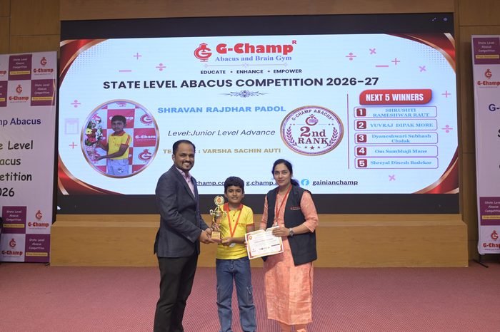 SHRAVAN RAJDHAR PADOL — 2nd Rank, Junior Level Advance, at the G-Champ State Level Abacus Competition 2026
