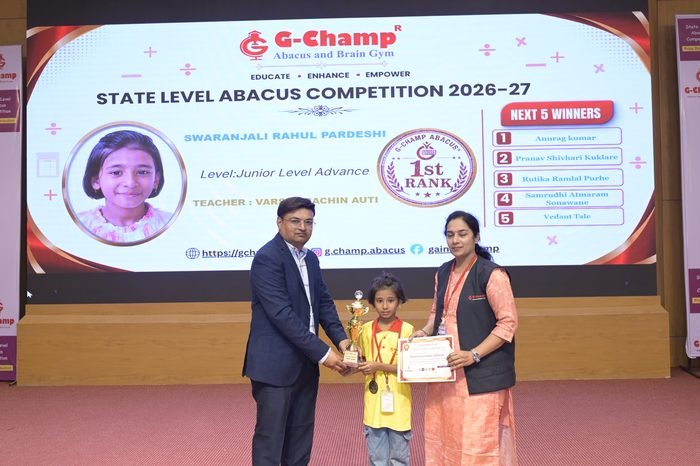SWARANJALI RAHUL PARDESHI — 1st Rank, Junior Level Advance, at the G-Champ State Level Abacus Competition 2026
