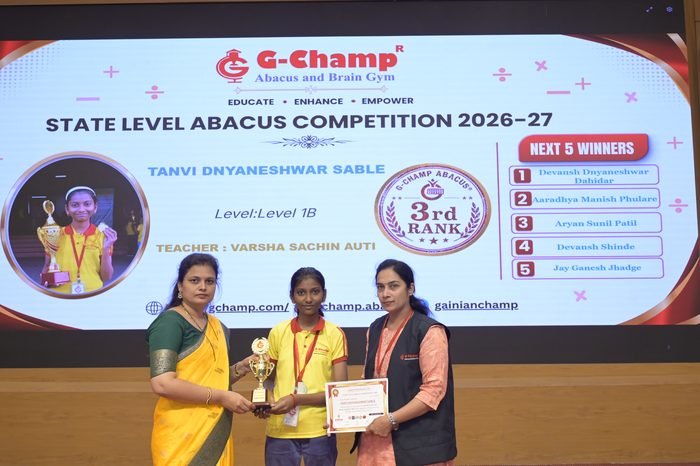 TANVI DNYANESHWAR SABLE — 3rd Rank, Level 1B, at the G-Champ State Level Abacus Competition 2026