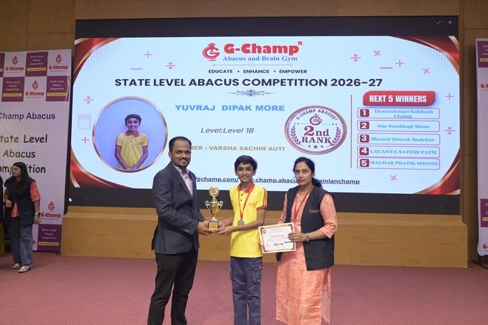YUVRAJ  DIPAK MORE — 2nd Rank, Level 1B, at the G-Champ State Level Abacus Competition 2026