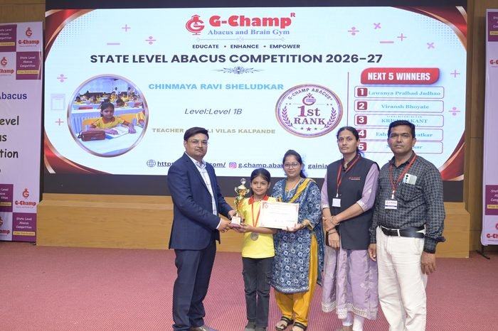 Chinmaya Ravi Sheludkar — 1st Rank, Level 1B, at the G-Champ State Level Abacus Competition 2026