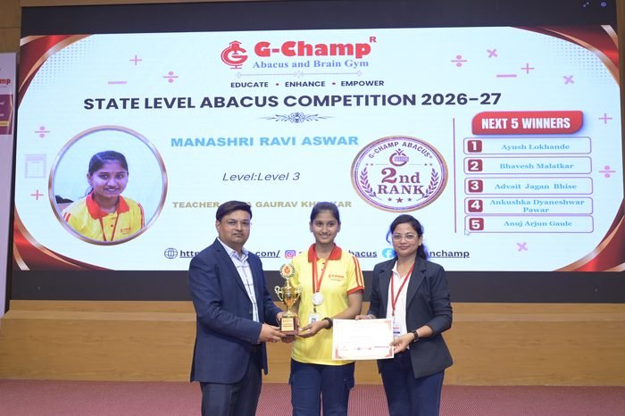 Manashri Ravi Aswar — 2nd Rank, Level 3, at the G-Champ State Level Abacus Competition 2026