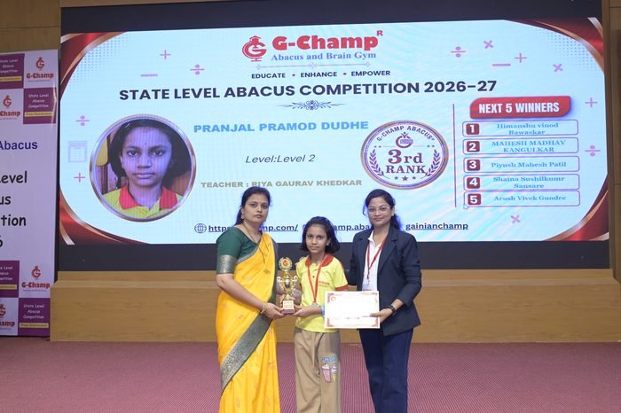 Pranjal Pramod Dudhe — 3rd Rank, Level 2, at the G-Champ State Level Abacus Competition 2026